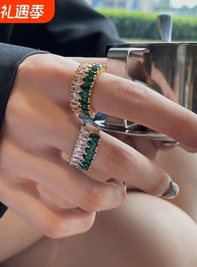 欧美风时尚街拍饰品镶嵌彩色锆石戒指女潮人网红食指指环简约配饰