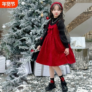 女童冬季连衣裙2026新款女孩丝绒吊带裙套装儿童拜年红色新年裙子