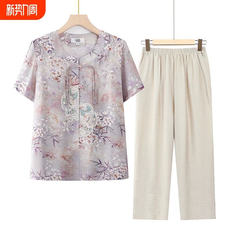 夏天夏装女国风套装妈妈短袖衬衫老人衣服奶奶中老年人两件套薄款
