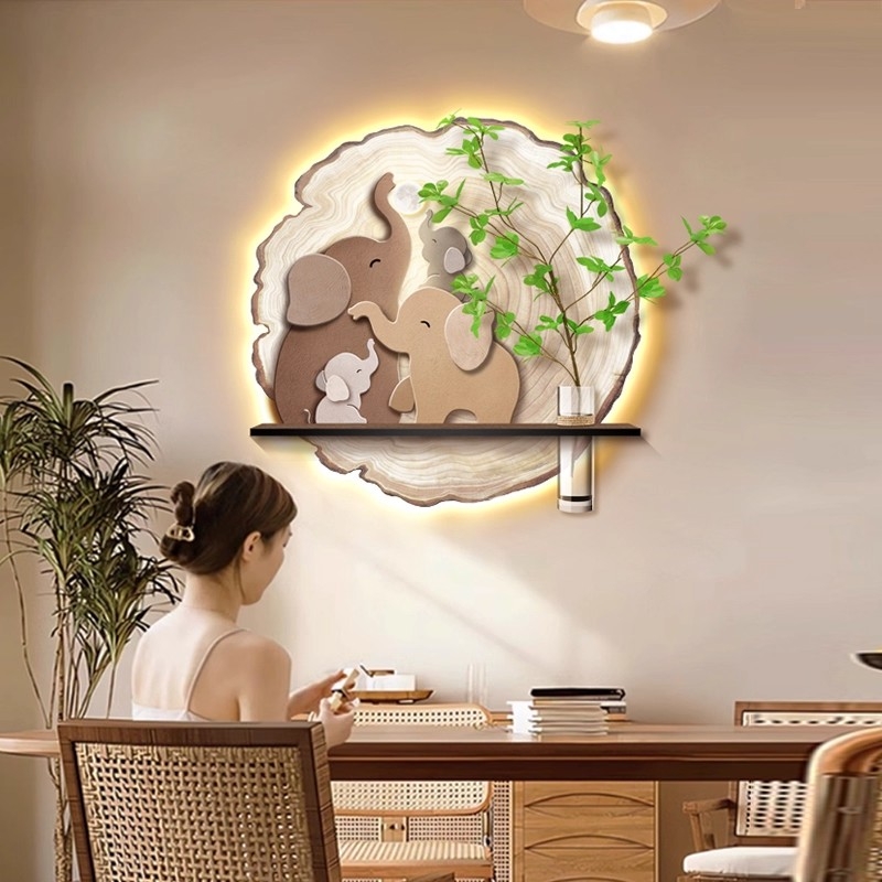 吉象如意餐厅装饰画新款氛围感灯画带水培绿植饭厅餐桌背景墙挂画