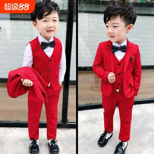 男童大红色西装套装宝宝周岁礼服男帅气儿童演出服主持人表演西服