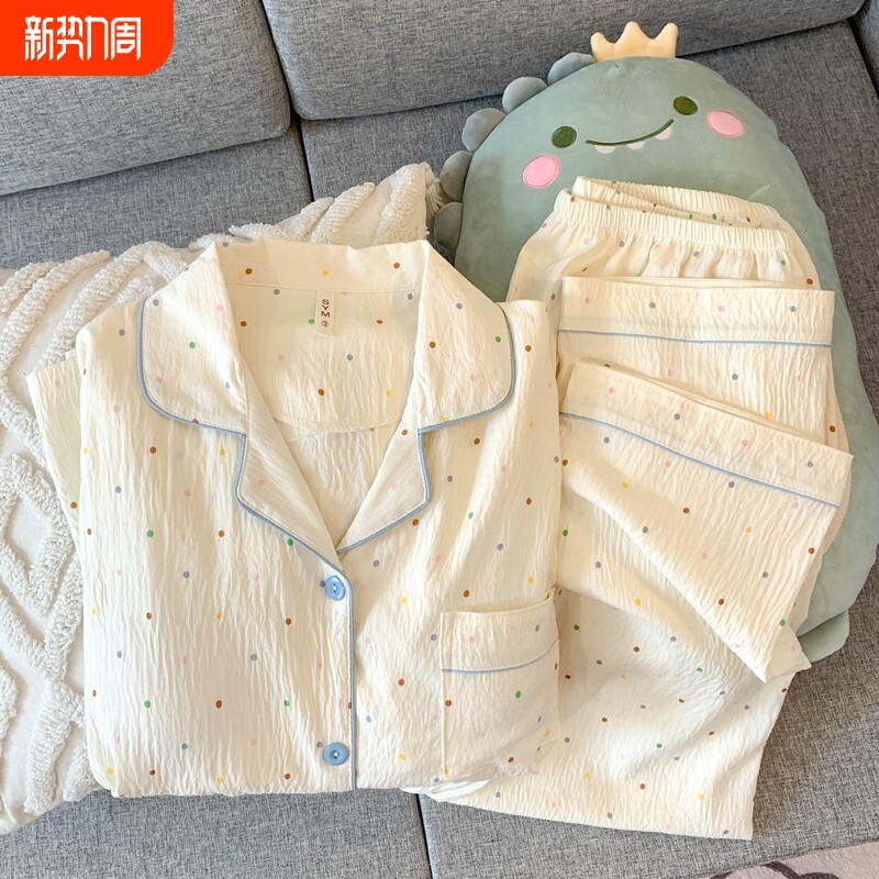 红豆彩色波点睡衣女长袖长裤春秋款纯棉纱布套装休闲开衫家居服夏