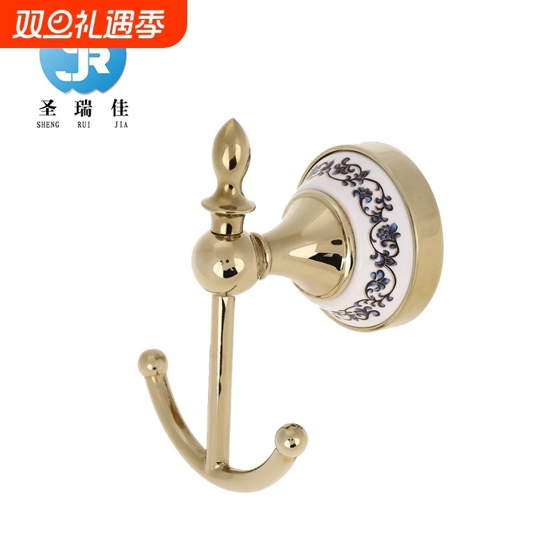 卫浴五金挂件厂家直销欧式挂衣钩青花瓷镀铬不锈钢双钩衣钩跨境