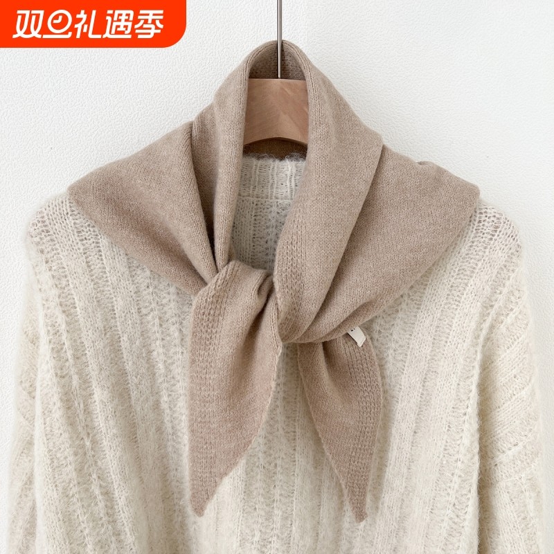 含羊毛针织小三角巾女2025保暖护颈围脖披肩白色咖色红色绿色黑色