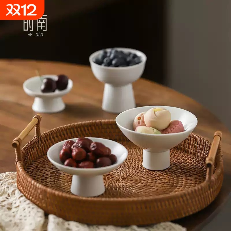 白色陶瓷高脚水果盘精致小点心盘中式茶点碟餐厅酒店凉菜碗展示盘