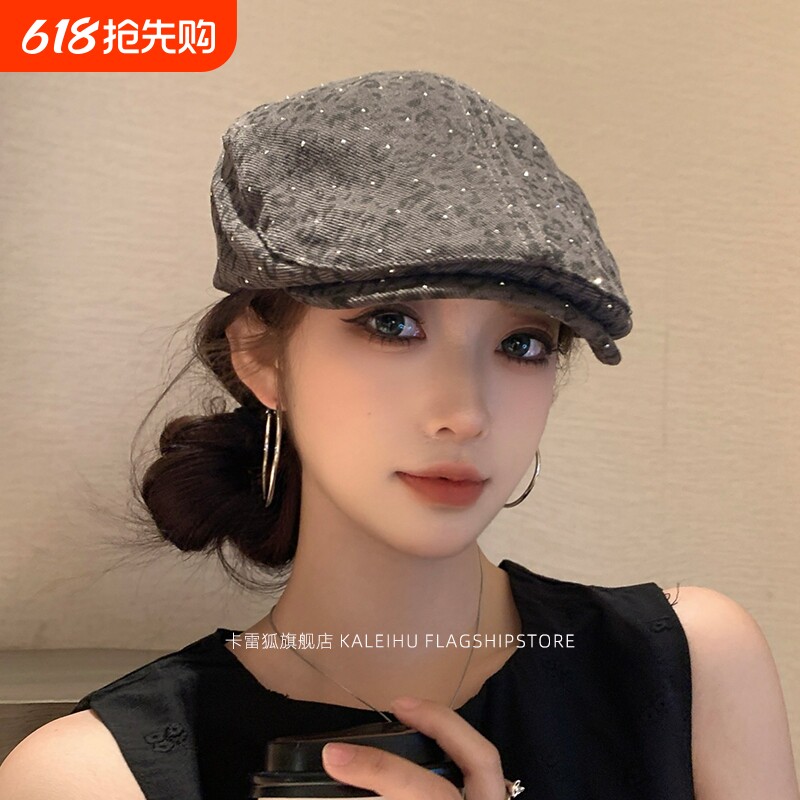 帽子miu系复古小波点贝雷帽百搭显脸小八角帽秋季灰色白色神器