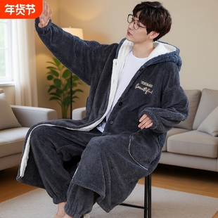 珊瑚绒睡衣睡袍男士秋冬加厚加绒加肥特大码300斤法兰绒男浴袍冬
