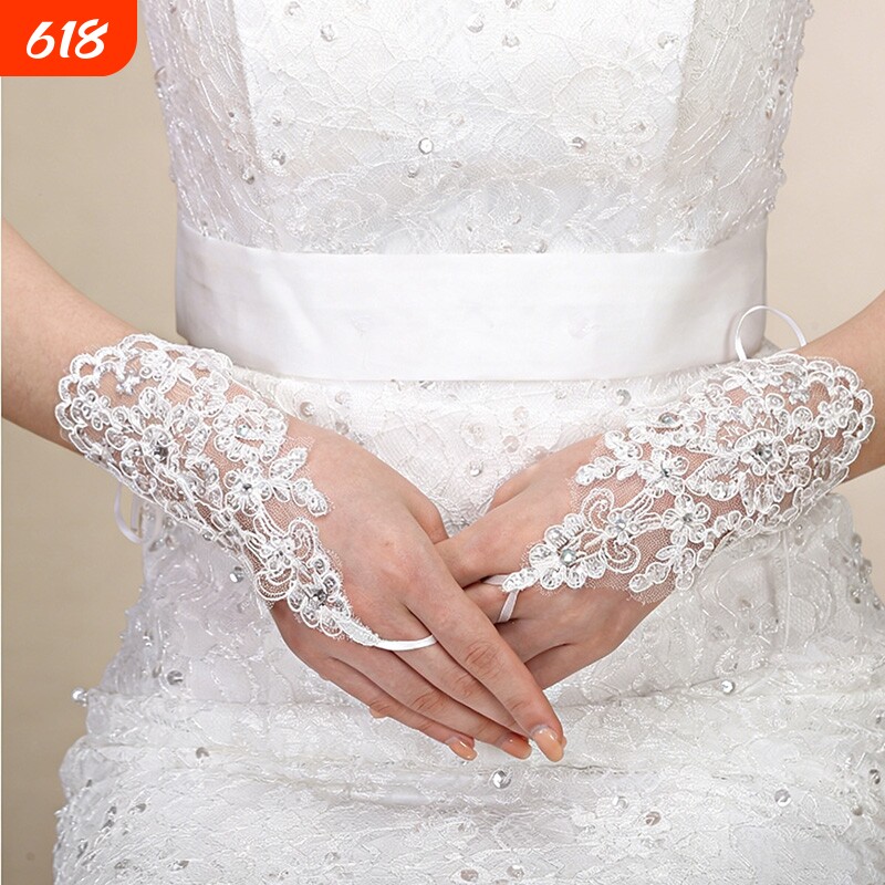 新娘结婚手套白色红色婚纱礼服短款手套长款蕾丝网纱缎面挂钩手套
