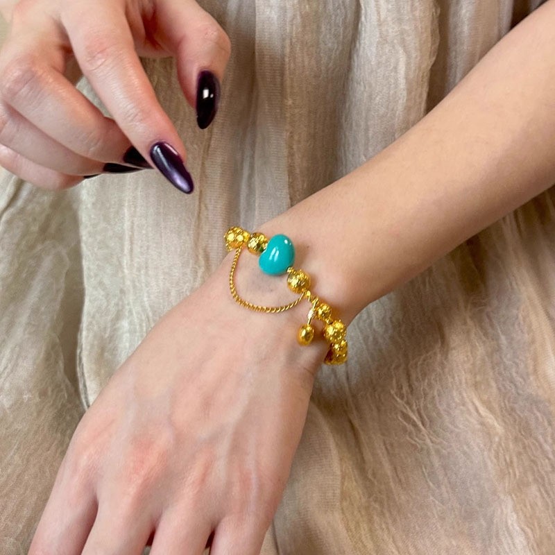 新中式金色串珠绿松屁桃双层手链复古高级感爱心锁包蹦迪珠手饰品