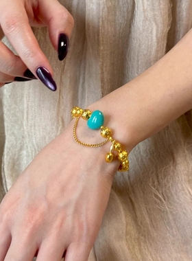 新中式金色串珠绿松屁桃双层手链复古高级感爱心锁包蹦迪珠手饰品