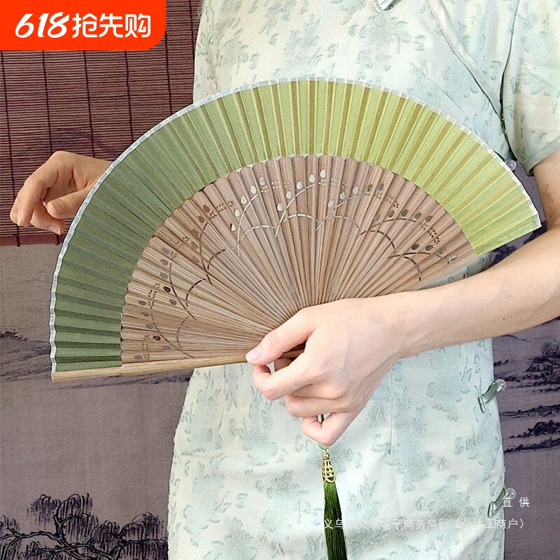 新中式旗袍折扇中国风女扇渐变色汉服扇子夏季便携折叠古风小扇子