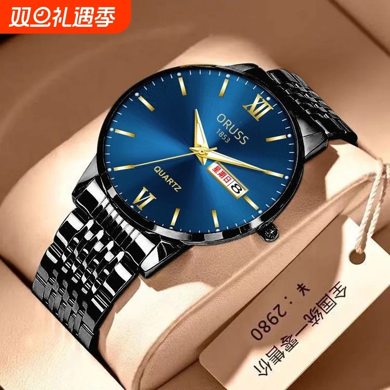 瑞士品牌全自动机芯正品防水夜光手表男日双历男士表时尚钢带表男