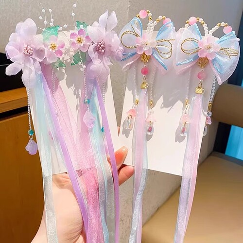 中国风儿童汉服头饰女童公主飘带小女孩超仙古装发夹宝宝古风发饰
