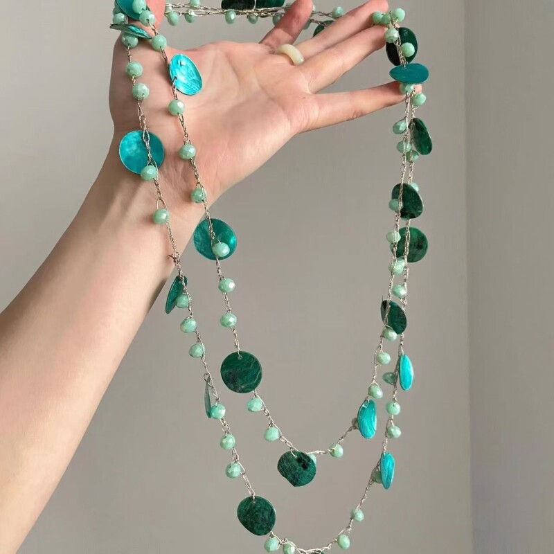 复古小众绿色仿贝壳项链女波西米亚民族风长款叠戴毛衣链多戴法