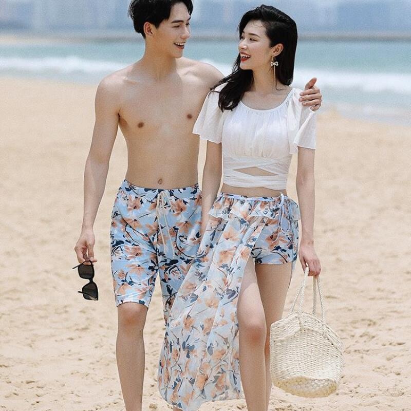 情侣泳装沙滩度蜜月夏季新款韩版分体裙式比基尼三件套男女游泳衣