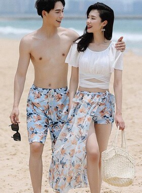 情侣泳装沙滩度蜜月夏季新款韩版分体裙式比基尼三件套男女游泳衣