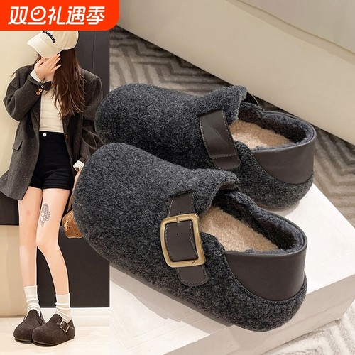 内增高毛呢加绒勃肯鞋女2025秋冬新款复古一脚蹬保暖豆豆鞋棉鞋子