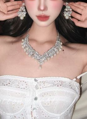 法式镶钻璀璨项链晚礼服夸张配饰耳环套装女高级感生日新娘锁骨链