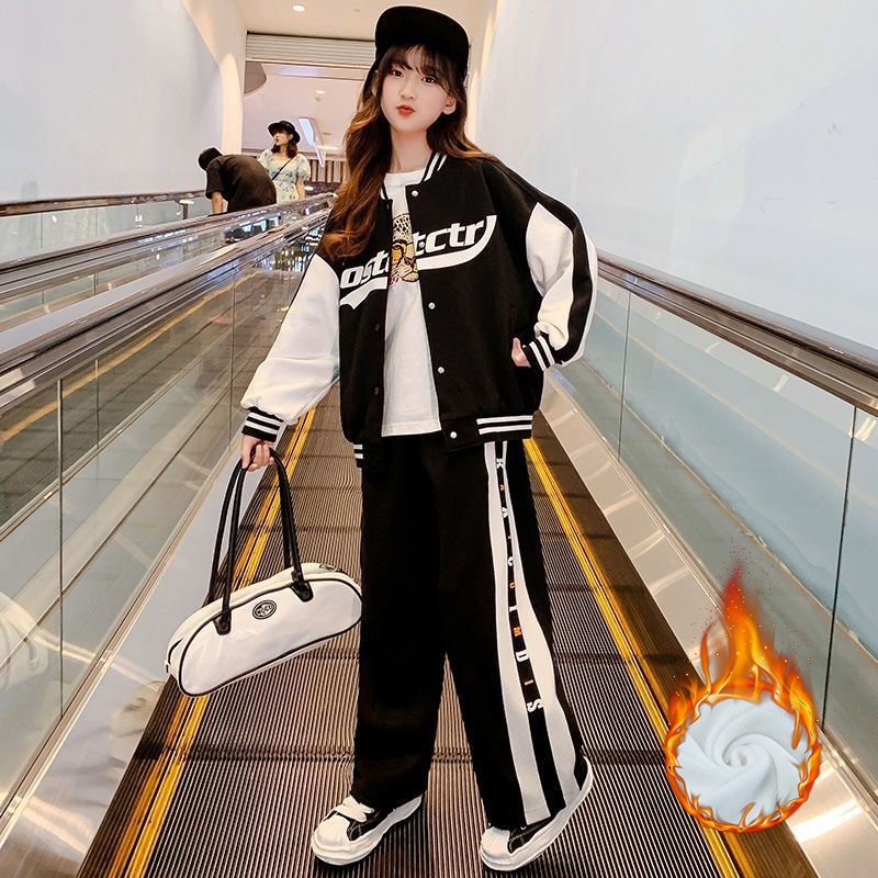 女童秋冬套装加绒外套洋气儿童炸街棒球服运动女孩韩系两件套冬装
