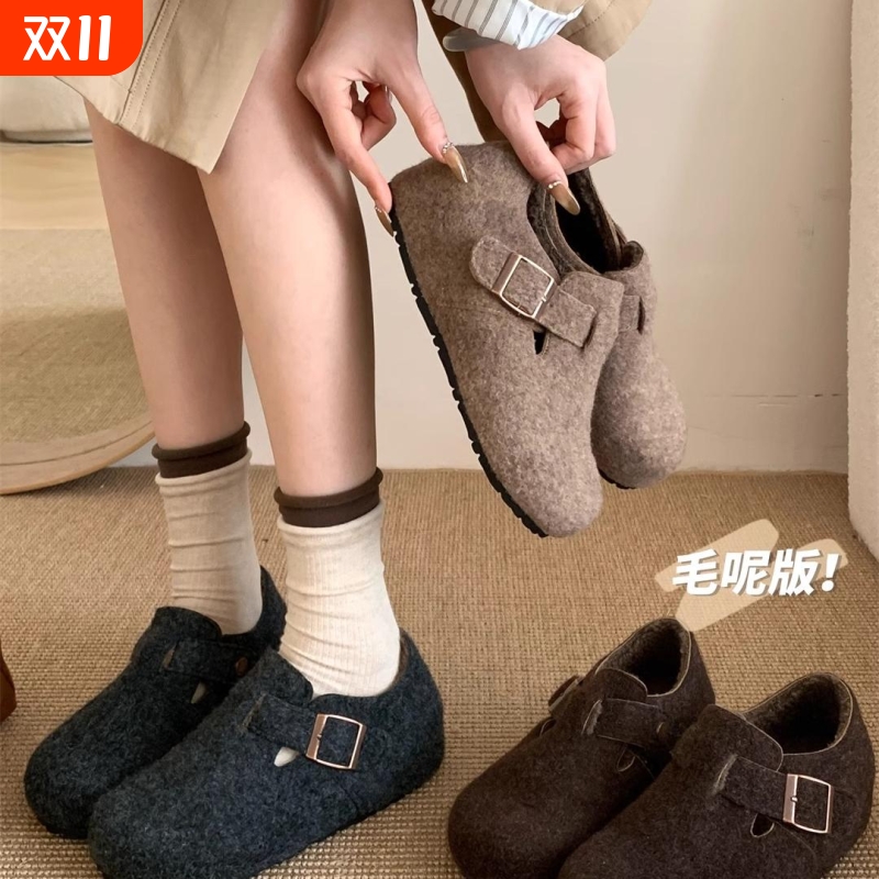 热风圈内增高5CM~森系毛呢厚底勃肯鞋女秋冬季一脚蹬乐福加绒棉鞋