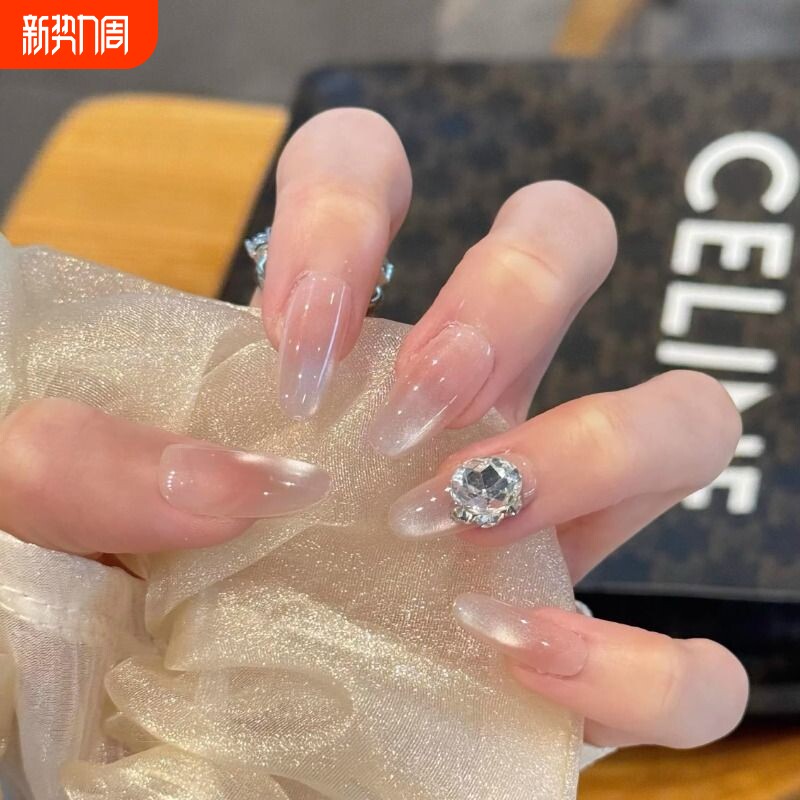 克拉恋人显白追光猫眼带钻手工穿戴甲美甲贴片高级感磨砂爆闪黑皮