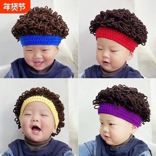 宝宝帽子秋冬季男婴儿假发卷发毛线帽婴幼儿爆炸头搞笑儿童帽手工