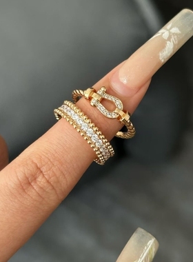 中古金色缎面拉丝戒指轻奢意大利锆石叠戴食指戒玫瑰金白金不掉色