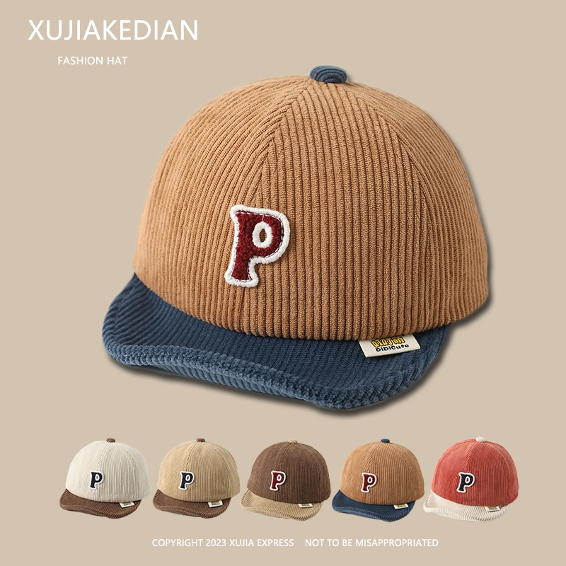 韩版拼色婴儿软沿鸭舌帽子个性灯芯绒小童宝宝出游遮阳棒球帽