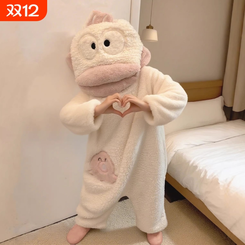 丑鱼连体睡衣女秋冬季加厚珊瑚绒
