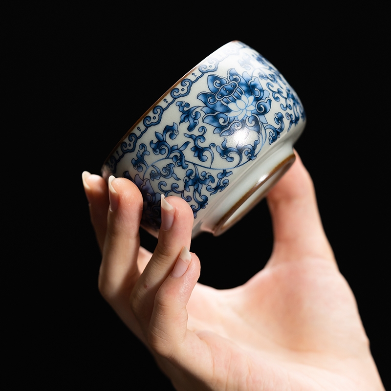 荏仟堂可养缠枝莲鎏银陶瓷茶杯品茗杯主人杯开片汝窑功夫杯马蹄茶