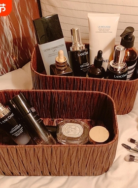 收纳ins仿藤编收纳盒桌面化妆品面膜杂物筐置物架整理盒角落编织