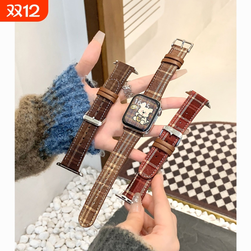 秋冬氛围适用苹果手表S11表带新款格纹毛呢皮质iwatch10/9/8/7高级复古6/5/4圣诞ultra3/2/1智能运动配件红
