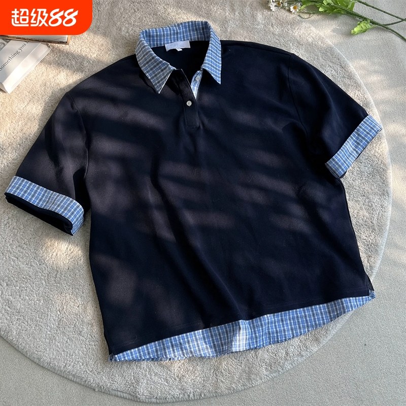 藏蓝色假两件拼接格纹polo衫短袖衬衫夏季新款户外休闲运动上衣