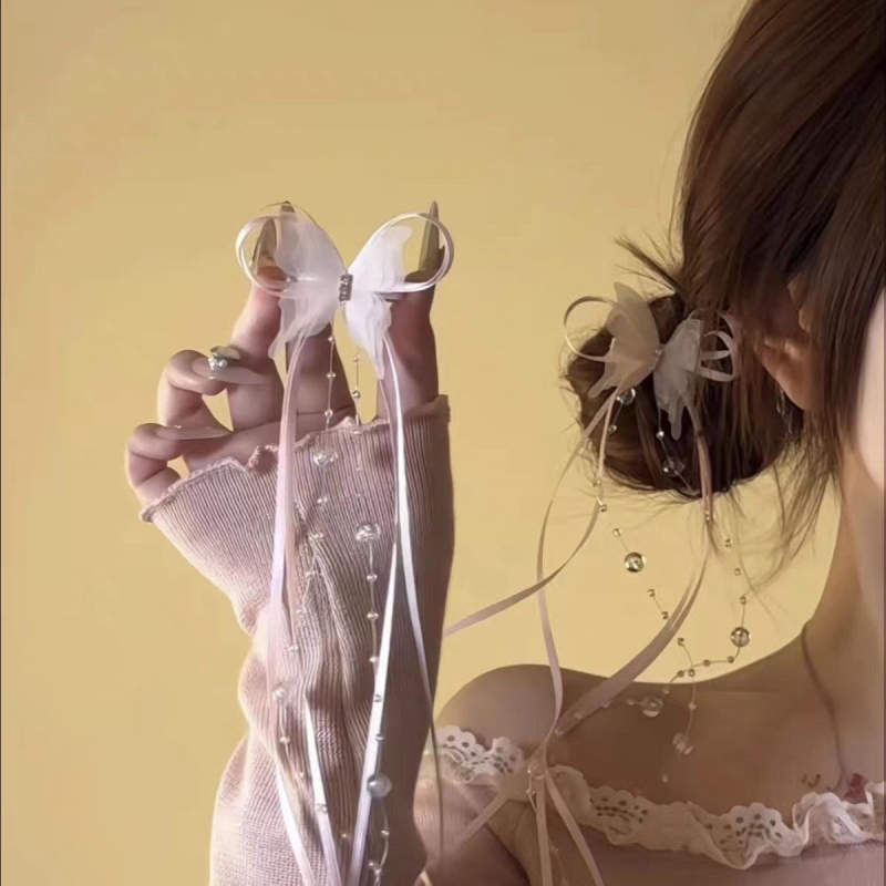 高颜值蝴蝶丝带飘带芭蕾风珠珠蝴蝶结新款一字夹甜美编发独特边夹