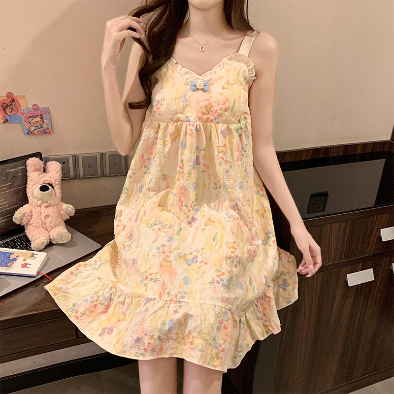 带胸垫睡裙女夏季云朵棉吊带甜美公主风少女棉绸睡衣家居服可外穿