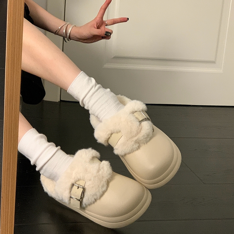 加绒保暖毛毛拖鞋女外穿2025秋冬新款厚底防水包头棉拖鞋毛绒白色