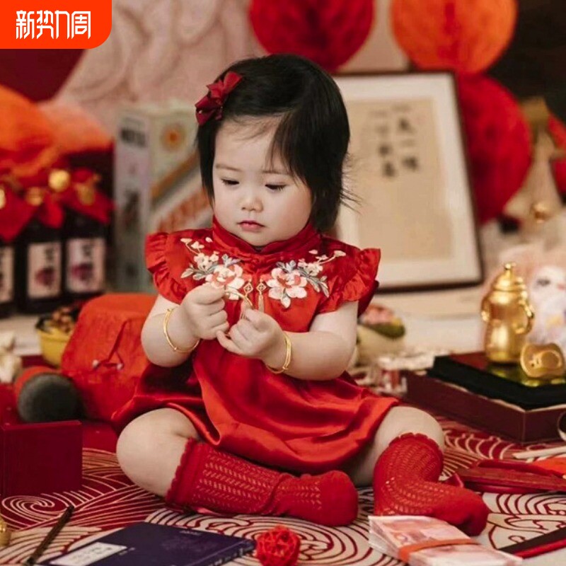 春夏周岁女宝礼服新中式国风红色喜气包屁衣满月百天生日抓周唐装