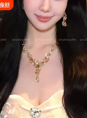 千金琉璃~金色水滴项链女轻奢名媛耳环夸张晚宴礼服配饰花朵镀金