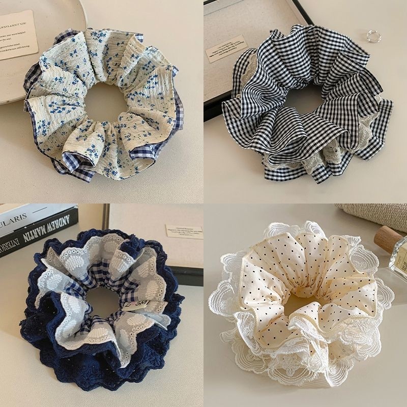 森系黄色格子碎花大肠发圈女法式田园风头花发绳气质绑丸子头头绳