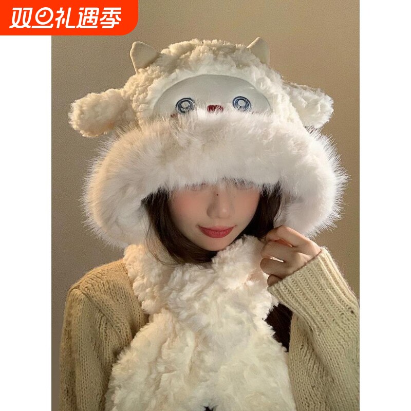 冬季新款可爱小绵羊毛绒帽女帽子围巾一体加厚防寒保暖甜美雷锋帽