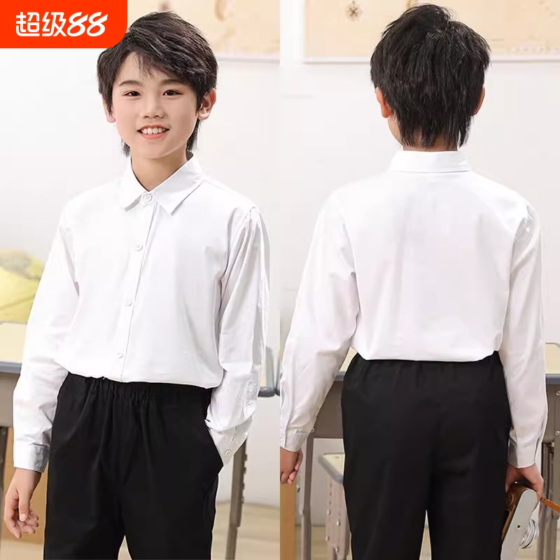 男童白衬衫长袖春款色寸衣纯棉夏季幼儿园服中学生校院白色童装