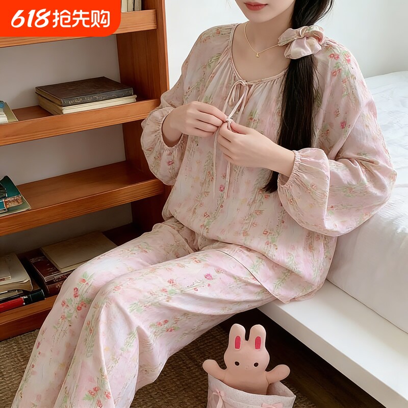 甜美棉绸睡衣女士春夏季长袖家居服新中式宽松大码人造棉套装吸汗