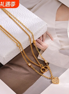 高定款D家新款满钻爱心吊坠双层项链女CD款镶钻锁骨链ins气质耳环