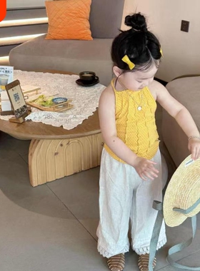 女童夏季洋气黄色挂脖吊带女宝宝夏款时髦系带背心儿童装夏装上衣
