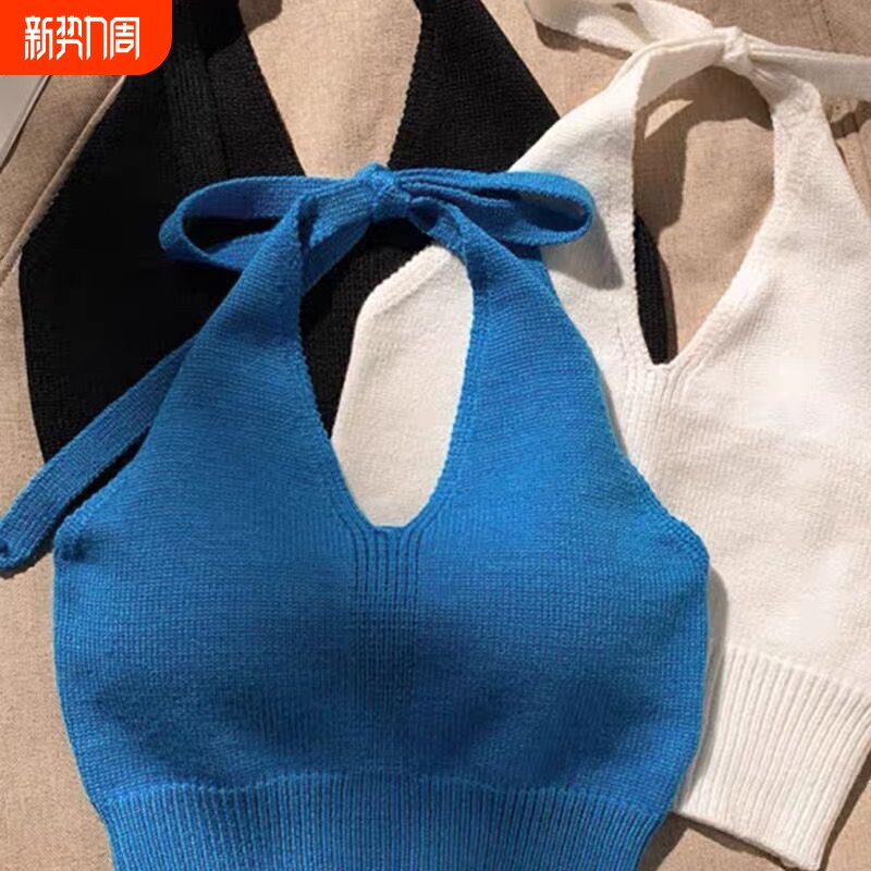辣妹韩系网红夏款港风针织吊带外穿内搭短款纯色背心挂脖上衣美背