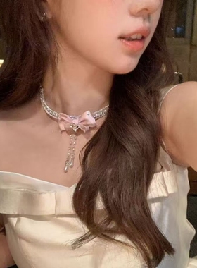 超仙圣诞绝美闪锆爱心蝴蝶结流苏珍珠项链女高级感锁骨颈链choker