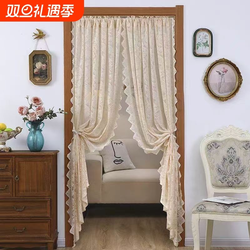 蕾丝纱帘免打孔卧室门帘玄关隔断帘厨房半帘遮挡帘法式衣帽间客厅
