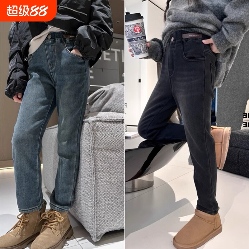 女童牛仔裤儿童装春秋冬季新款修身铅笔裤中大童一体加绒加厚长裤