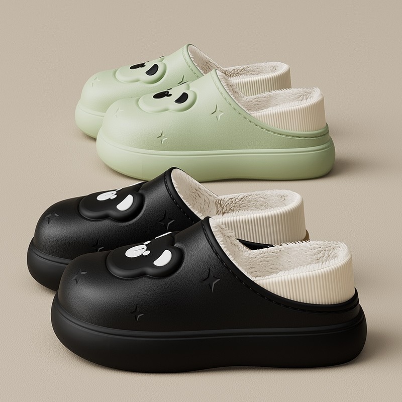 EVA棉拖鞋冬季加绒加厚居家新款情侣全包棉鞋可爱小熊包头拖红色