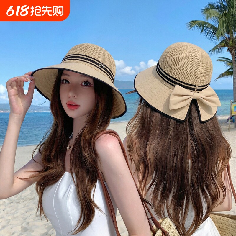 防晒帽女士大帽檐新款镂空透气渔夫帽蝴蝶结遮阳太阳帽子大檐户外
